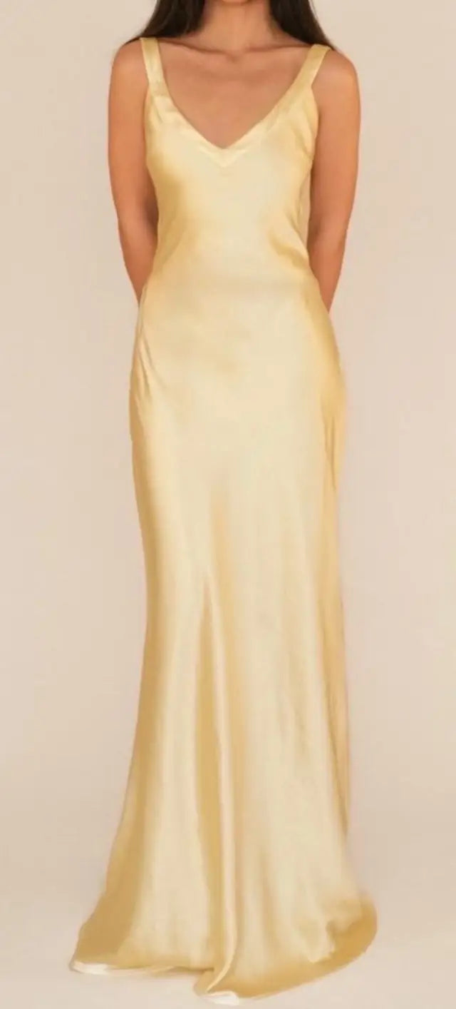 Yellow satin gown, front view
